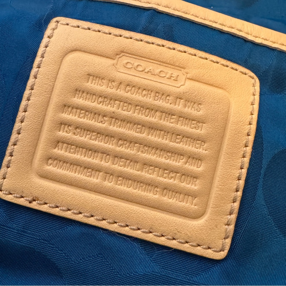 Coach Legacy Signature Nylon Tote Blue Leather Trim Zip Top Shoulder Bag - Picture 3 of 9